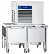 картинка Бункер-накопитель БН-2-100 для льдогенераторов чешуйчатого льда типа ЛГ-250, ЛГ-400Ч, ЛГ-620, 1356х763х1597 мм, 2 подкатных бункера БП-100 на 70 кг с полкой для совка и краном слива, стол льдогенератора СЛ с задвижкой, вся нерж. от магазина Одежда+